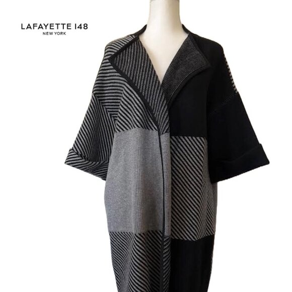 $1898 Lafayette 148 NY Women M/L GEO Wool Pocket Knit Long Jacket Coat Cardigan - Picture 2 of 9